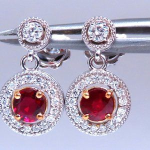 .95ct Natural Ruby Diamond Cluster Stud dangle earrings 14kt gold